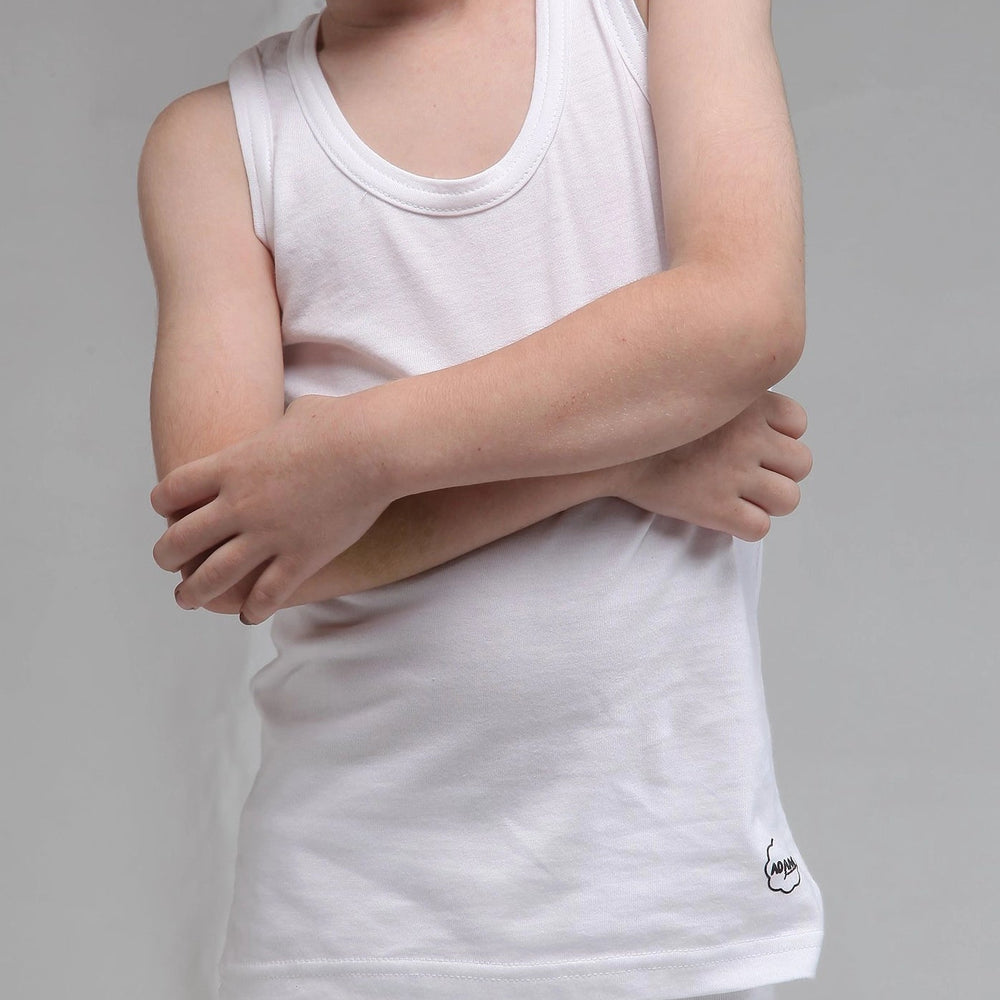 White Sleeveless Vest For Boys - Side Profile Arm Detail