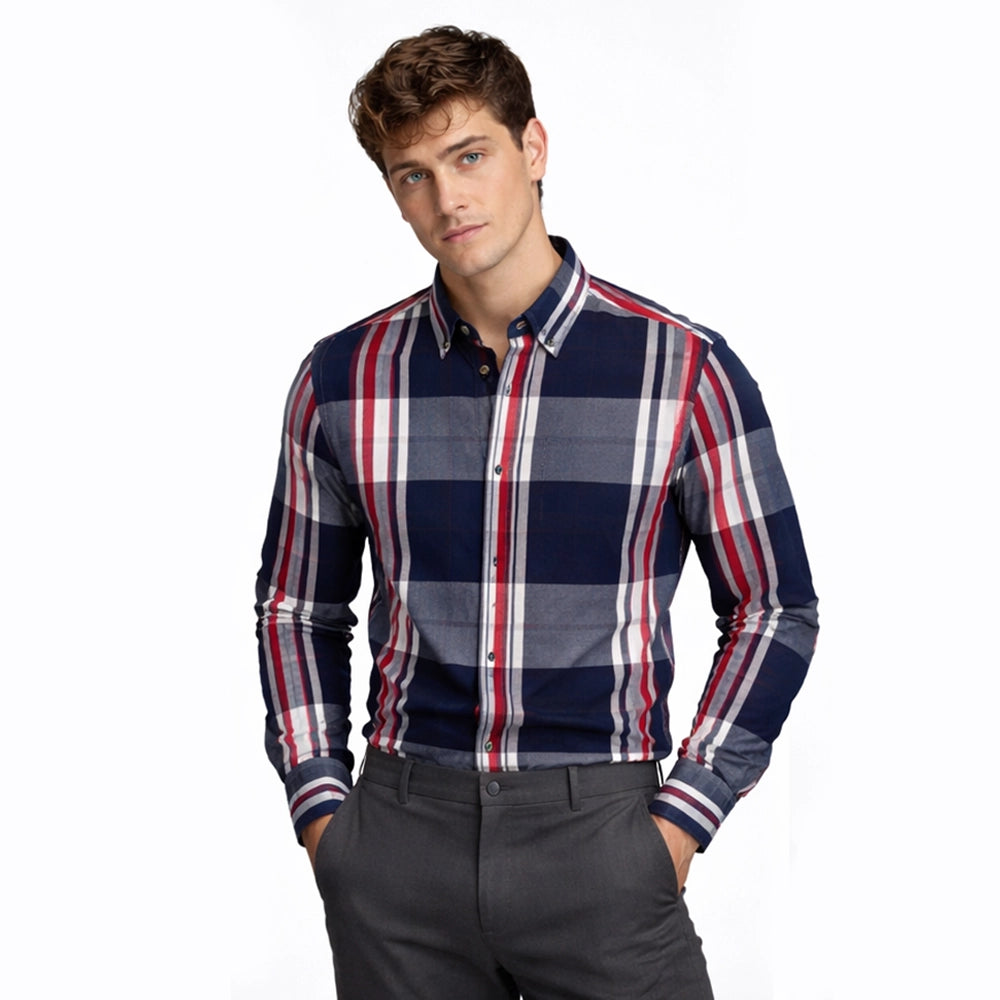 Navy red checked shirt, front view