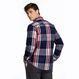 Navy red checked shirt, back view