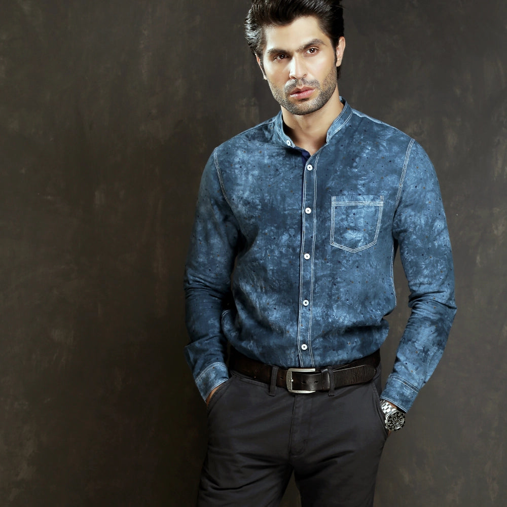 Men's blue denim shirt, front view