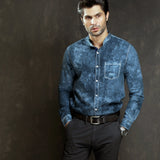 Men's blue denim shirt, front view