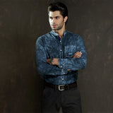 Men's blue denim shirt, side pose