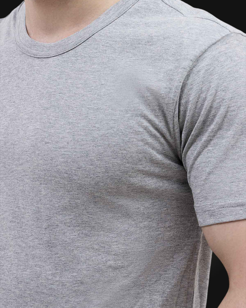 Men's grey round neck t-shirt close-up, fabric texture detail