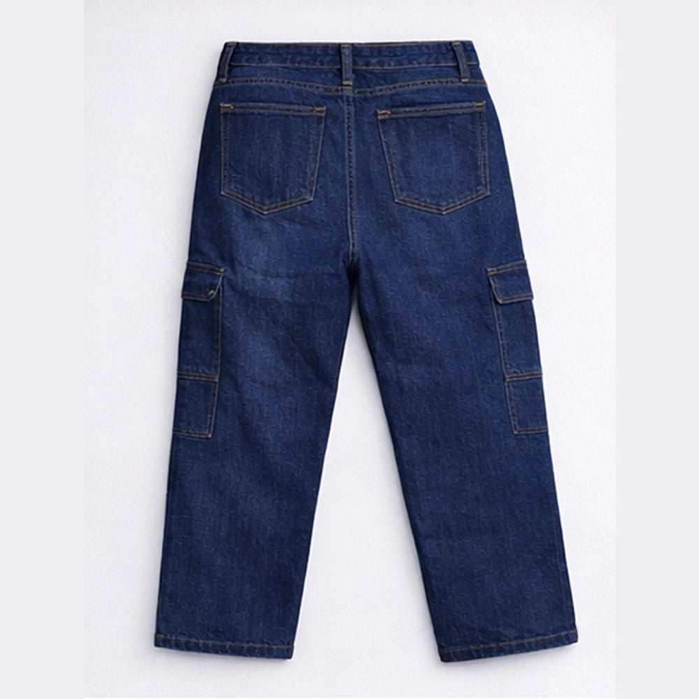 Men's dark blue denim cargo jeans back view, relaxed fit with back pockets — Jeans4_c