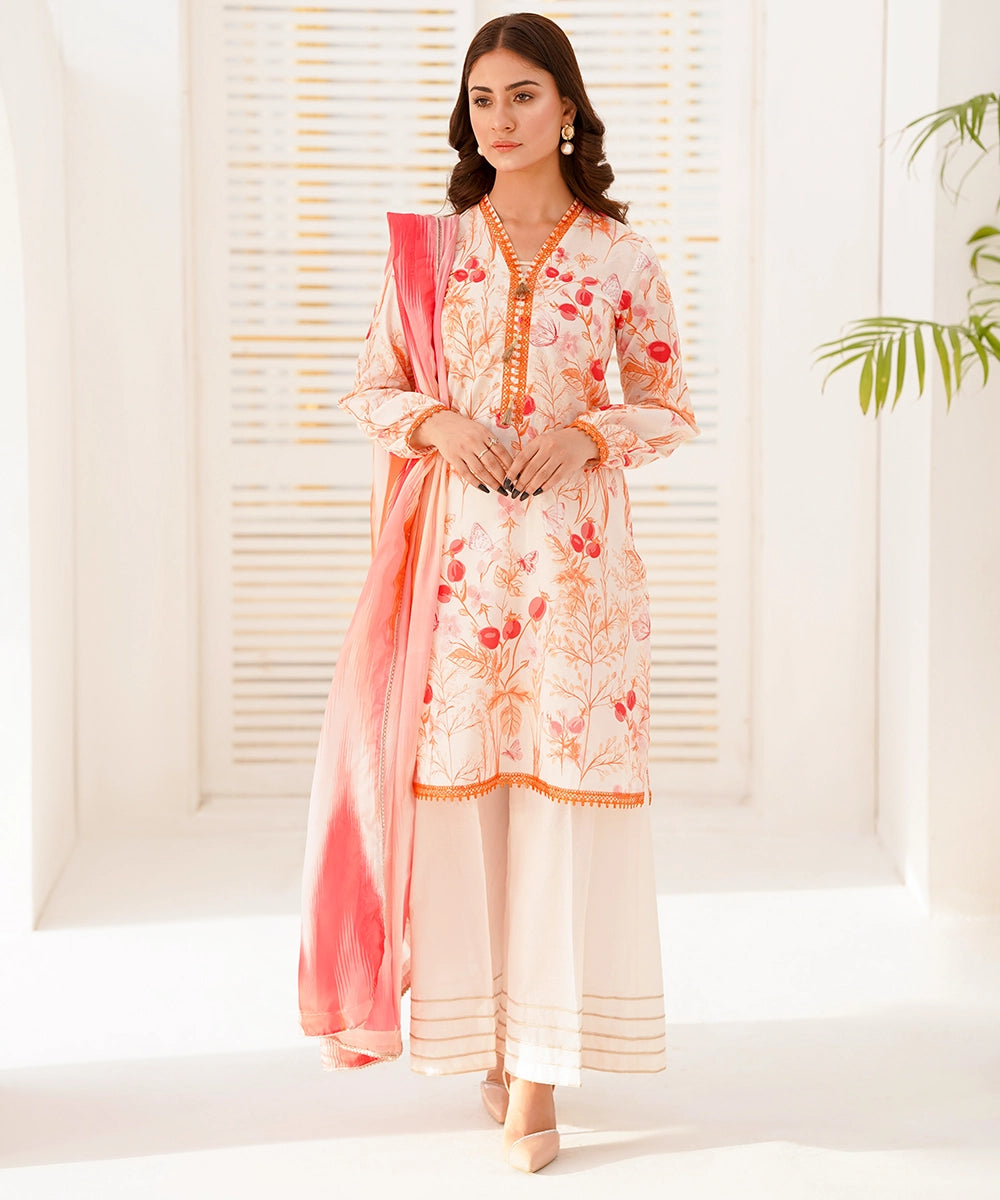 Orange floral printed kurta with white palazzo and pink dupatta, full standing pose — Orange-11
