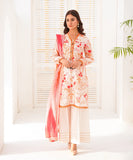 Orange floral printed 3-piece suit with pink dupatta, front standing pose — Orange 13