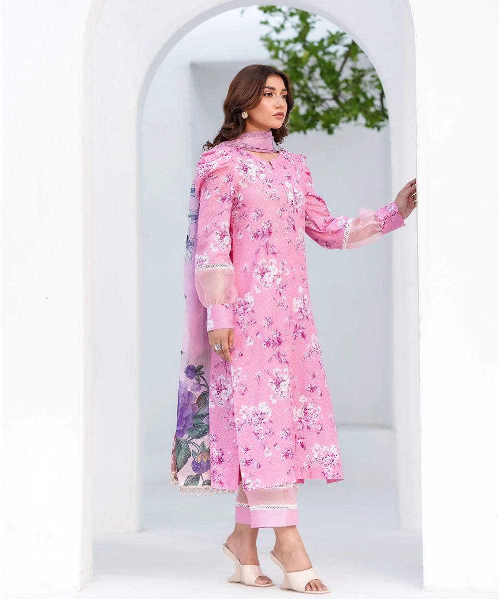 Pink floral printed kurta close-up showing neckline and print detail — Pink-6