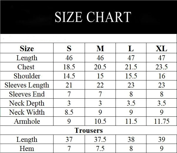 Women's 3-piece suit size chart with measurements for S, M, L, XL in inches