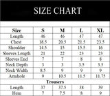 Women's 3-piece suit size chart with measurements for S, M, L, XL in inches