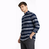 Men's navy striped casual shirt side pose — Shirts