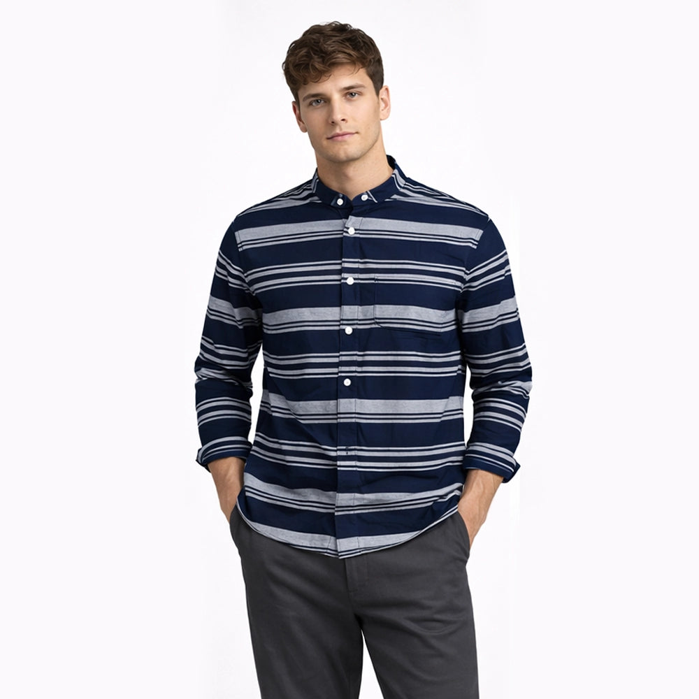 Men's navy striped casual shirt front pose — Shirts