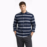 Men's navy striped casual shirt front pose — Shirts