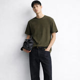 Men's olive green t-shirt, model wearing pose