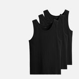 Stack of three men's black ribbed sleeveless vests folded on light grey background, product packaging shot