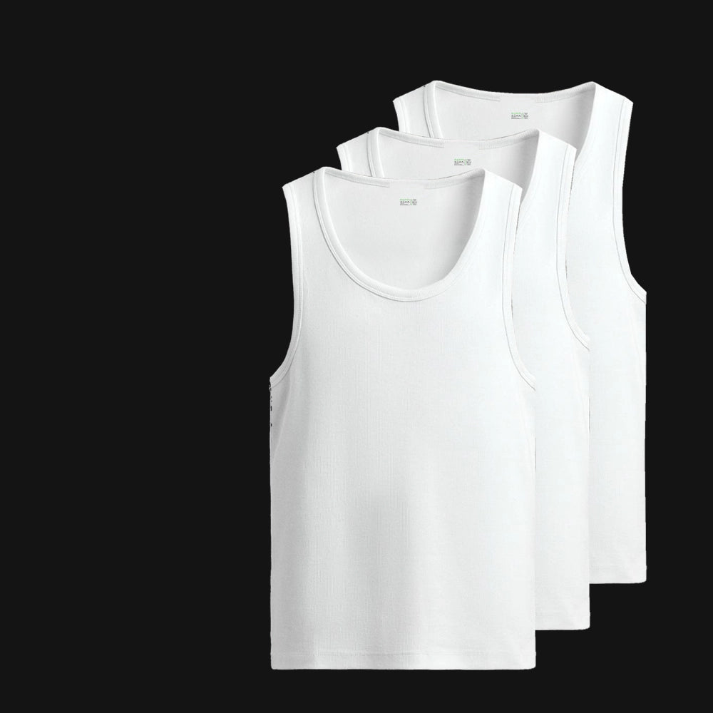Men's White Classic Ribbed Vest 3-Pack - Stacked Product Shot On