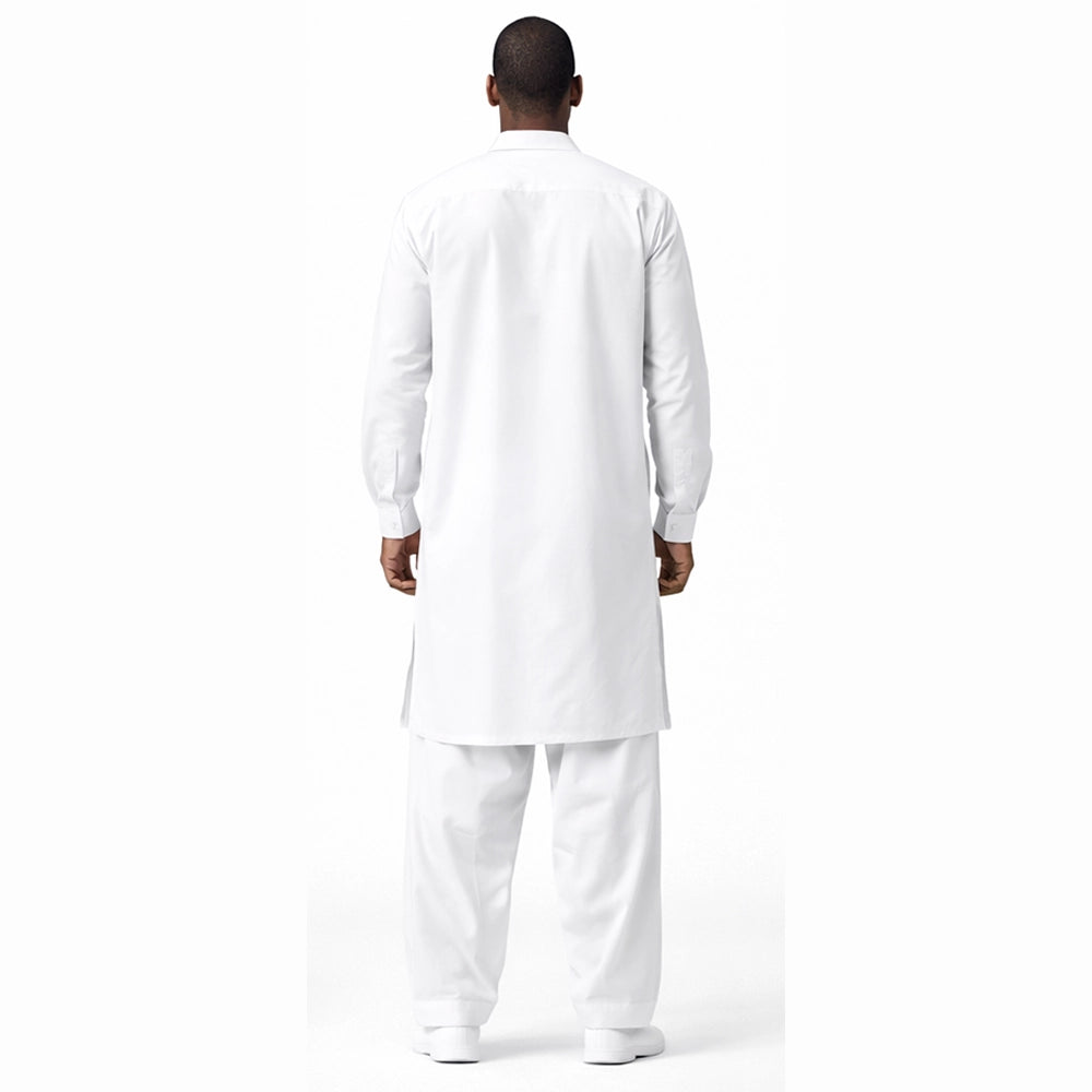 Men's white kurta shalwar, back view
