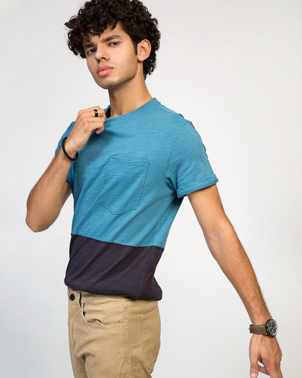 Side view of blue pocket t-shirt – regular fit, two-tone design by ADAM
