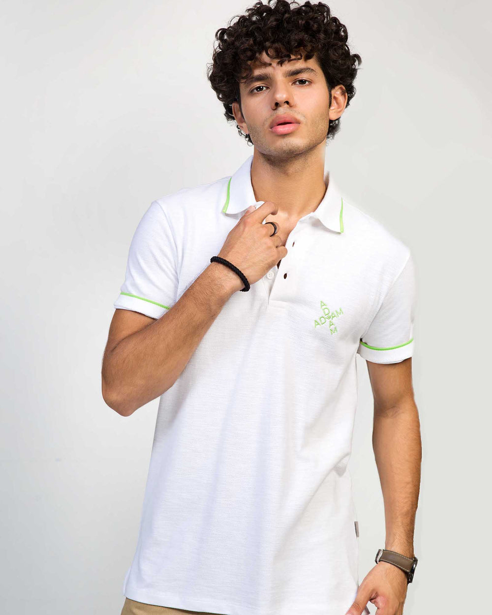 ADAM Clothing men's embroidered white polo — chain yarn cotton, tipping collar, regular fit