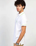 ADAM Men's White Polo Shirt – Side Angle Showing Regular Fit Silhouette and Ribbed Cuffs