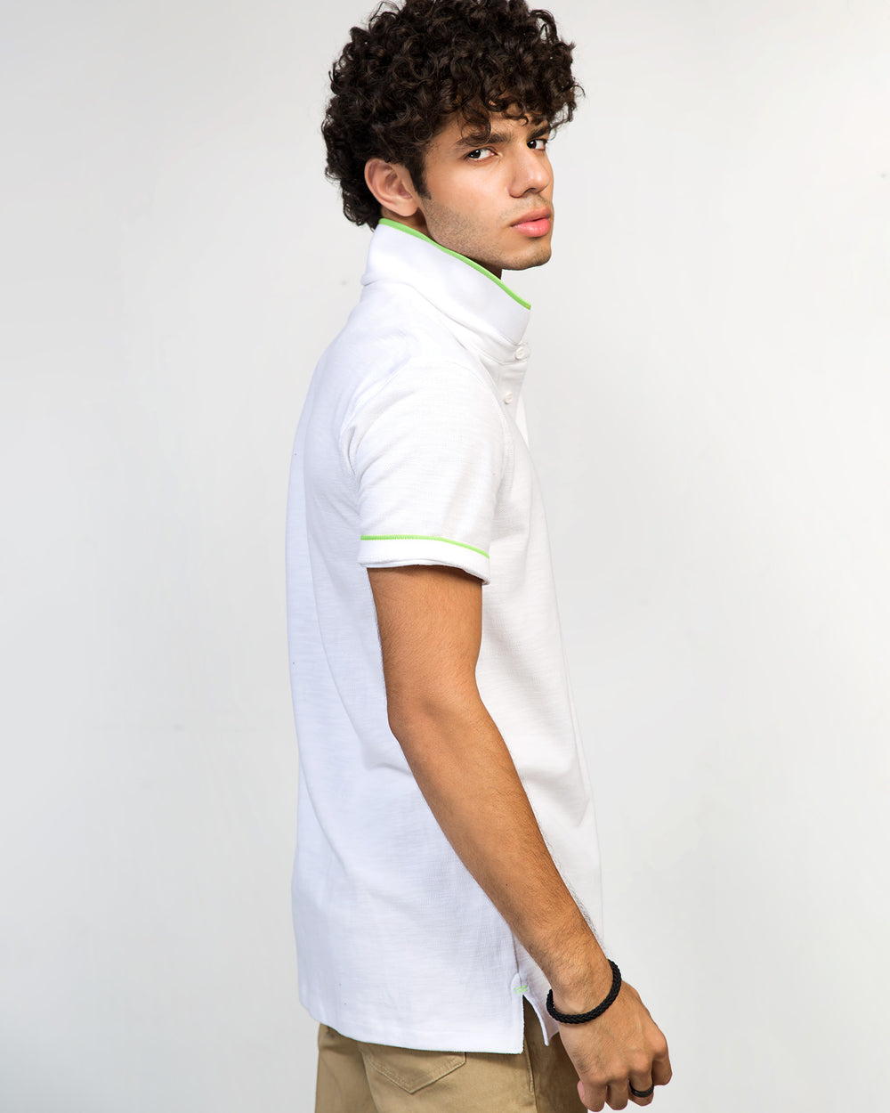 ADAM Men's White Embroidered Polo Shirt – Front View with Tipping Collar and Chain Yarn Cotton Fabric