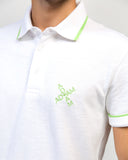 ADAM White Regular Fit Polo – Close-Up of Embroidered Chest Logo and Contrast Tipping Detail
