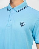 ADAM Men's Sky Blue Polo – Tipping Collar Detail and Chest Logo Close-Up