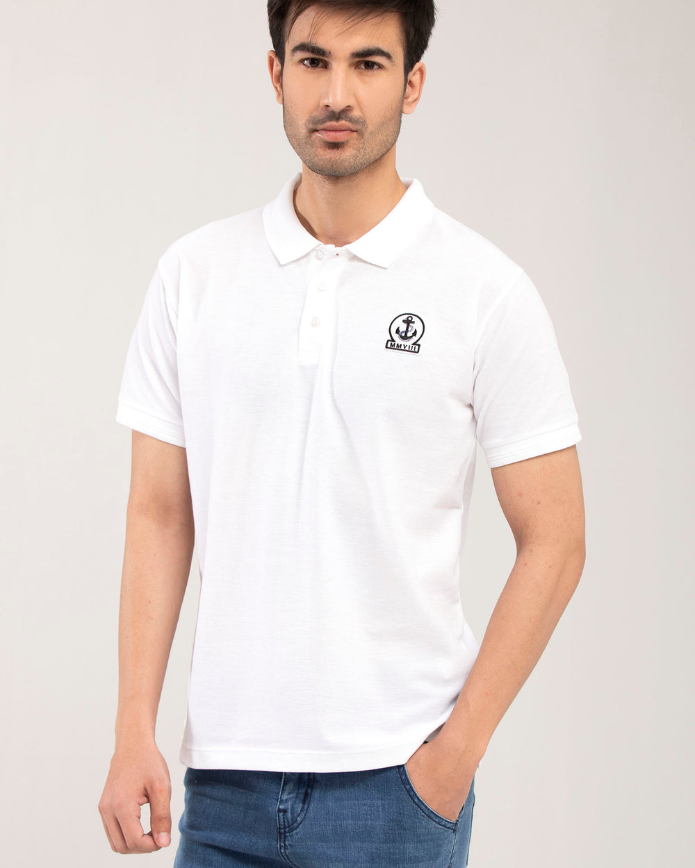 ADAM Clothing men's white embroidery polo shirt — regular fit, chest embroidery detail, 100% cotton