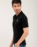 ADAM Men's Black Polo Shirt – Close-Up of Embroidered Chest Detail and Polo Collar