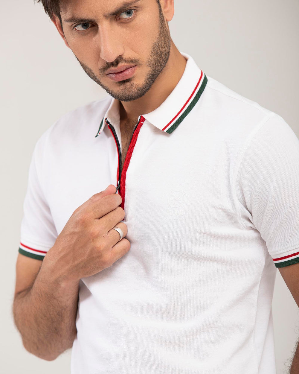 ADAM Men's Cotton Polo Shirt Regular Fit – Tipping Collar Detail Close-Up