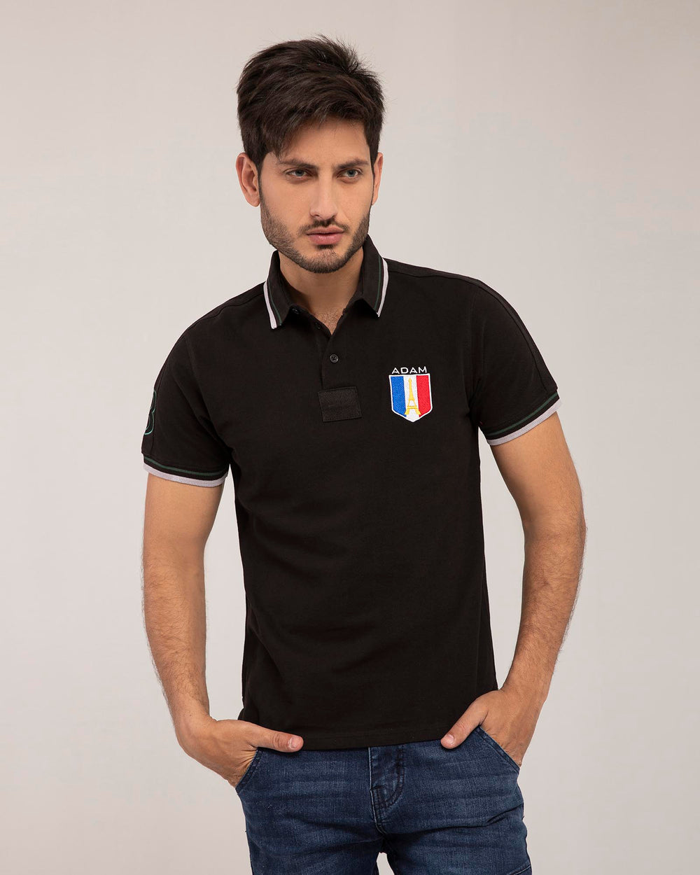 ADAM Clothing men's embroidered badge polo — regular fit, chest badge detail, 100% cotton
