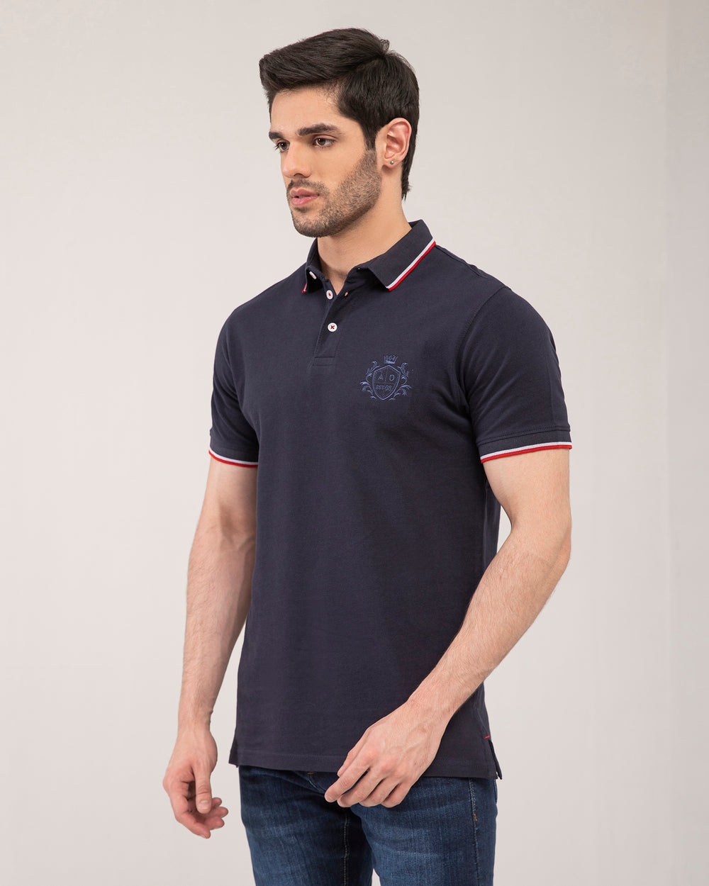 ADAM Men's Navy Blue Polo Shirt – Regular Fit with Contrast Tipping Collar and 100% Cotton Fabric