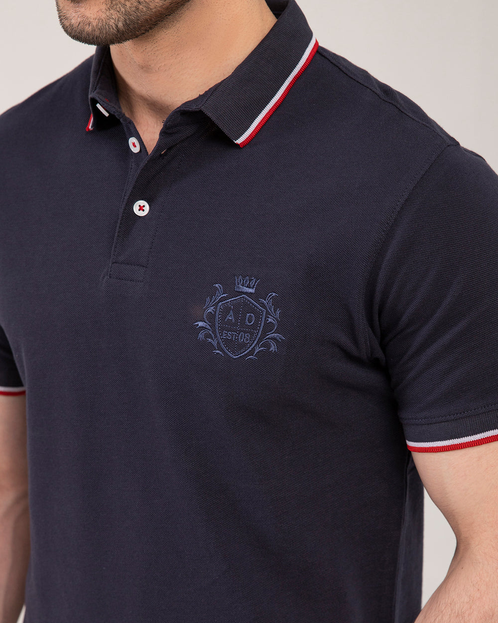 ADAM Navy Polo with Contrast Tipping – Close-Up of Collar Detail and Premium Cotton Material