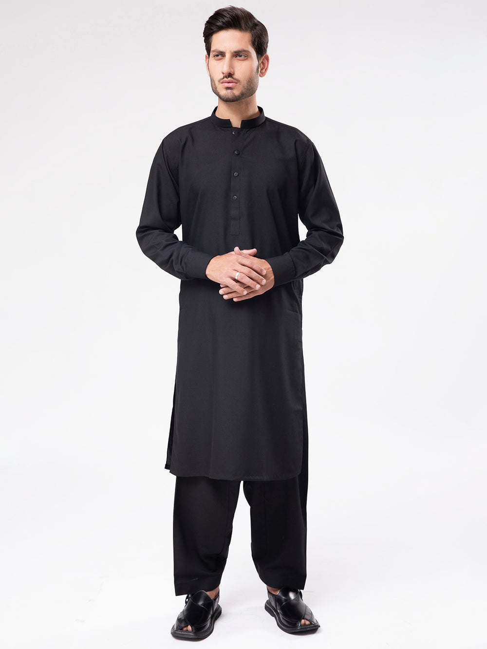 Black shalwar suit for men full front view – soft fabric relaxed fit – ADAM Clothing Pakistan