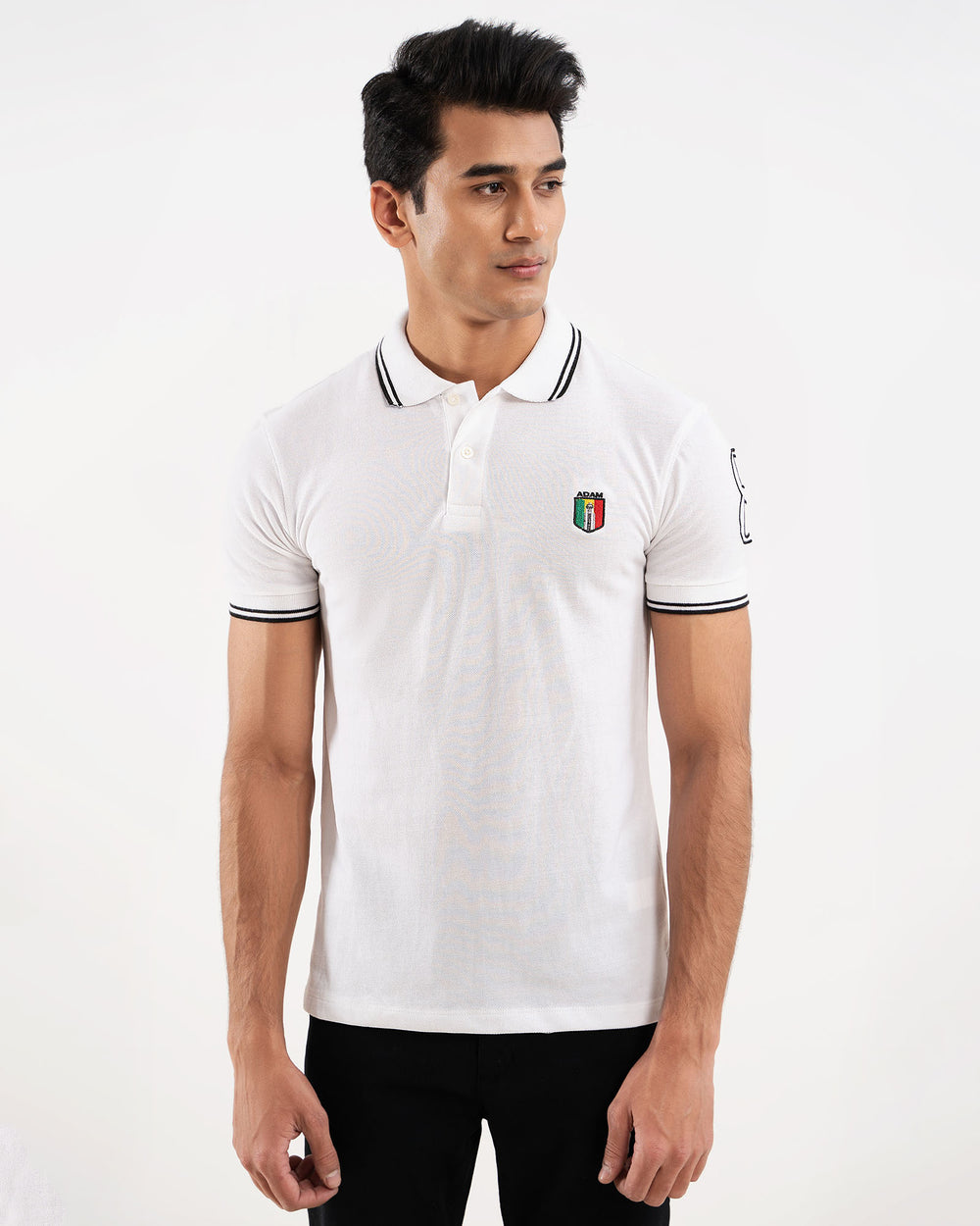 ADAM white tipping collar polo shirt for men — slim fit, breathable fabric, contrast collar trim