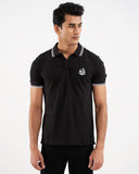 Black polo shirt, white tipping collar, back view