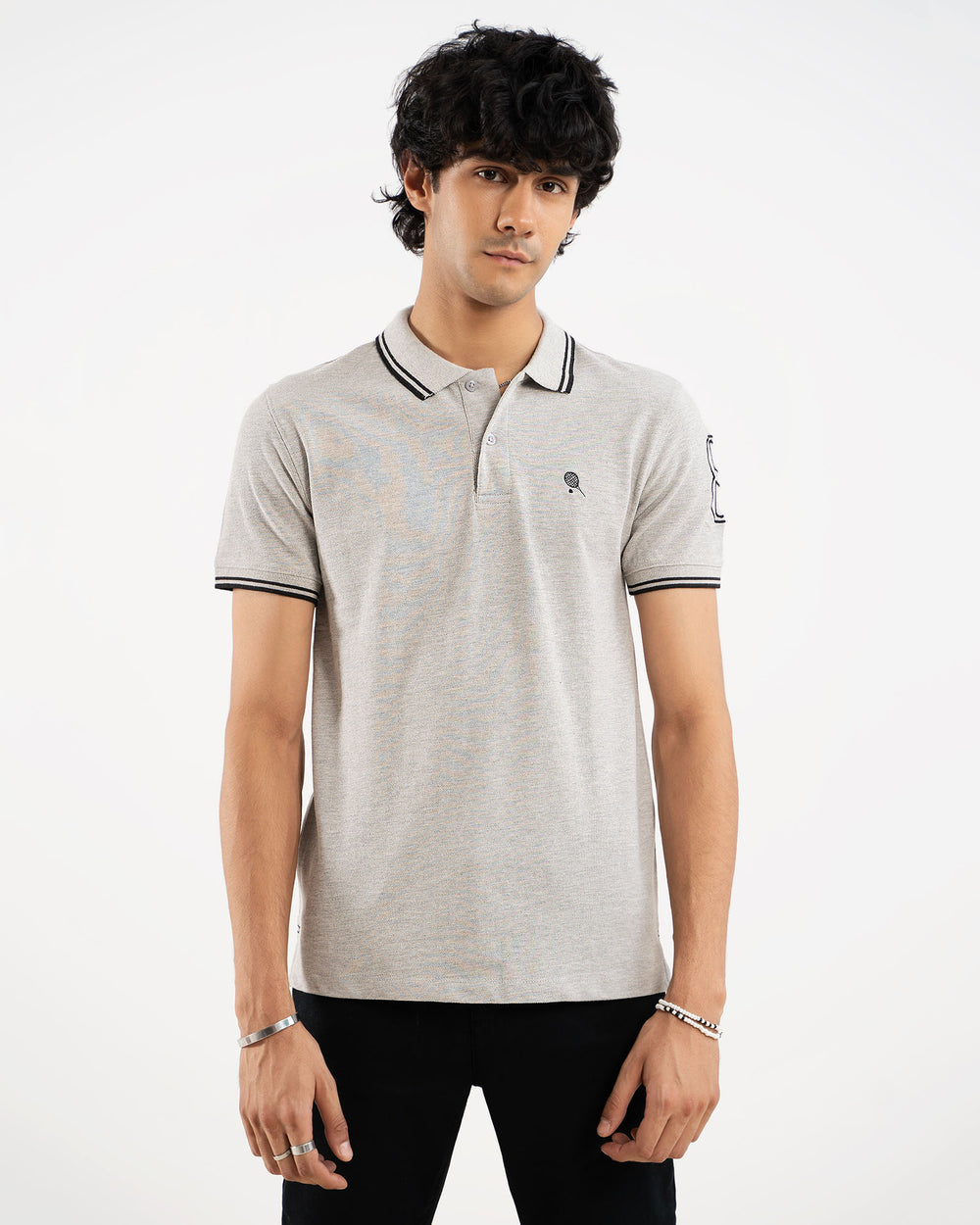 Light grey heather polo shirt, black tipping collar and cuffs, embroidered crest logo, front