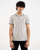 Light grey heather polo shirt, black tipping collar and cuffs, embroidered crest logo, front