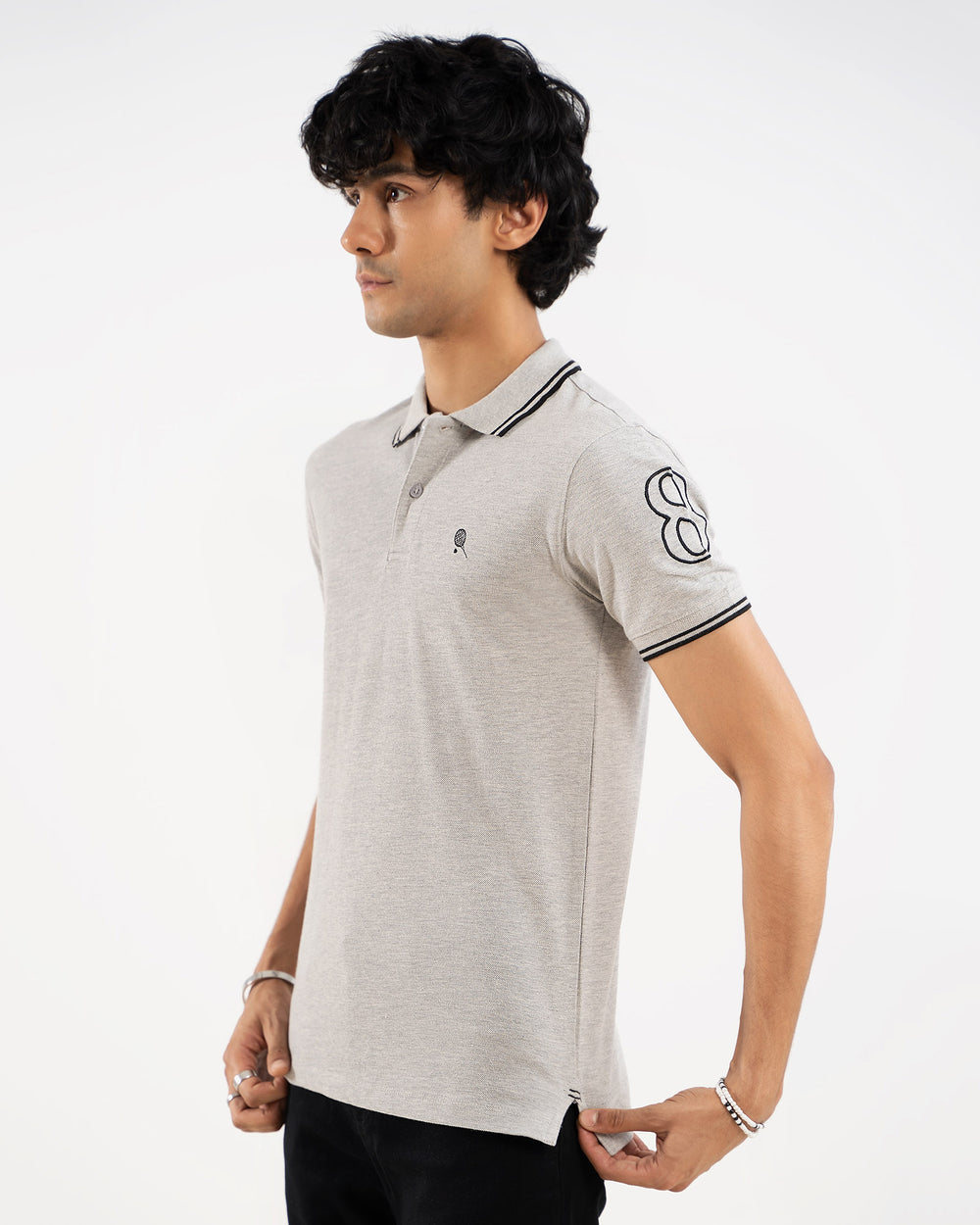 Light grey heather polo shirt, black tipping collar, side view