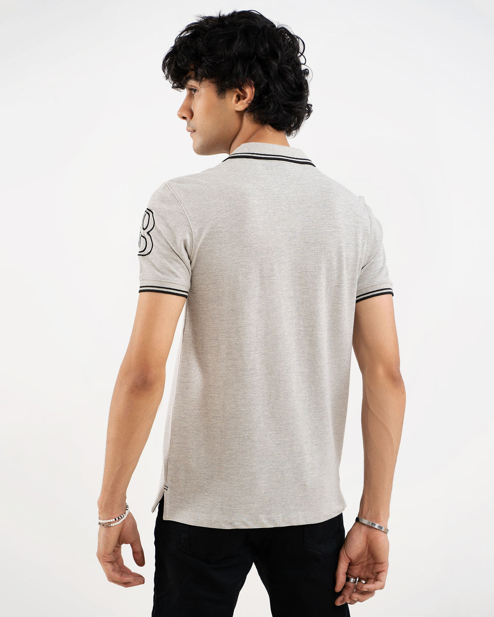 Light grey heather polo shirt, black tipping collar, back view