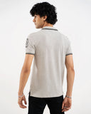 Light grey heather polo shirt, black tipping collar, back view