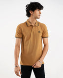 Camel tan polo shirt, black tipping collar, side view