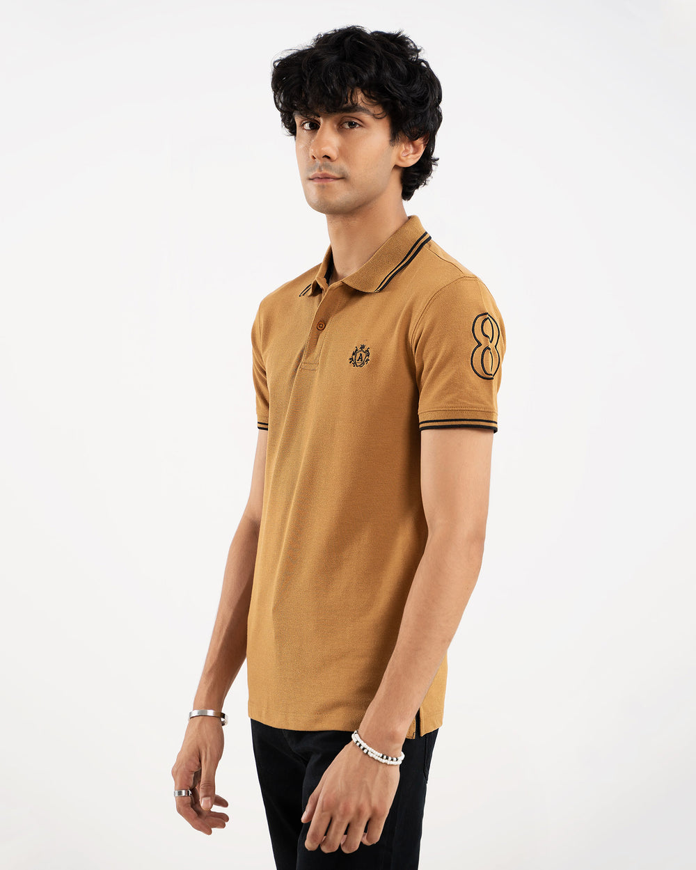 ADAM Clothing men's tipping collar polo in camel — 100% cotton, contrast collar trim, regular fit