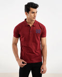 Man in maroon polo shirt with embroidered navy blue "08" number on chest, front view