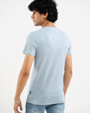 Man in light blue t-shirt, back view
