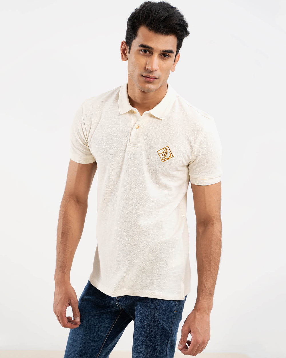 Basic Off White Polo Shirt For Men - Back View