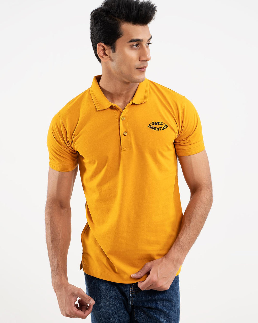Man in mustard yellow polo shirt, side view
