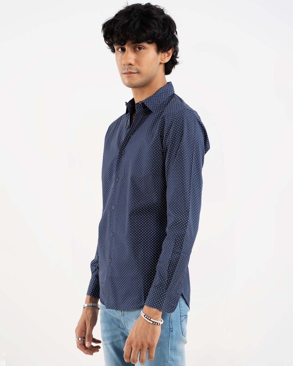Navy polka dot casual shirt for men – regular fit, 100% cotton, full sleeves – ADAM Clothing Pakistan side view