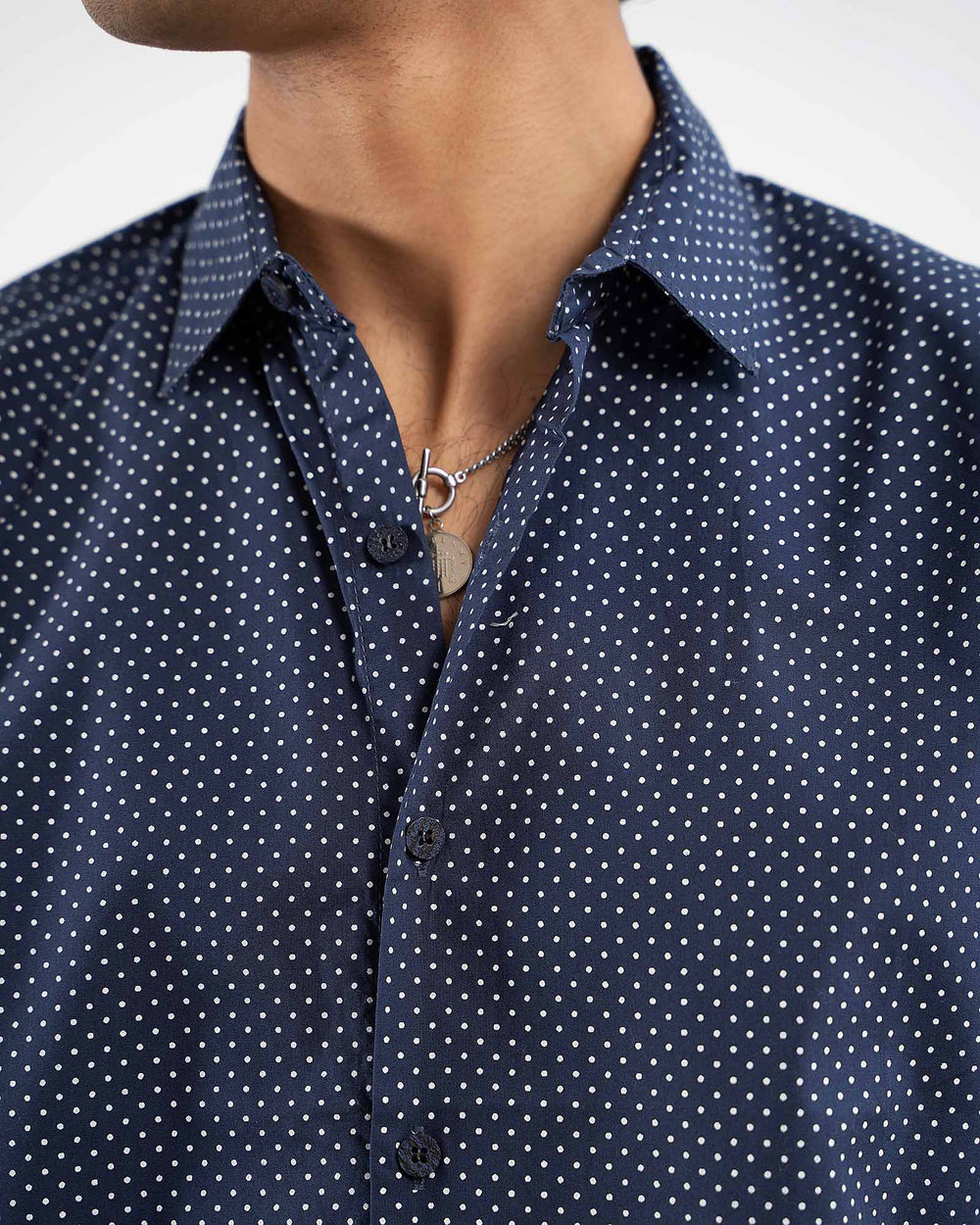 Navy polka dot casual shirt for men – regular fit, 100% cotton, full sleeves – ADAM Clothing Pakistan close up