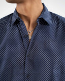 Navy polka dot casual shirt for men – regular fit, 100% cotton, full sleeves – ADAM Clothing Pakistan close up