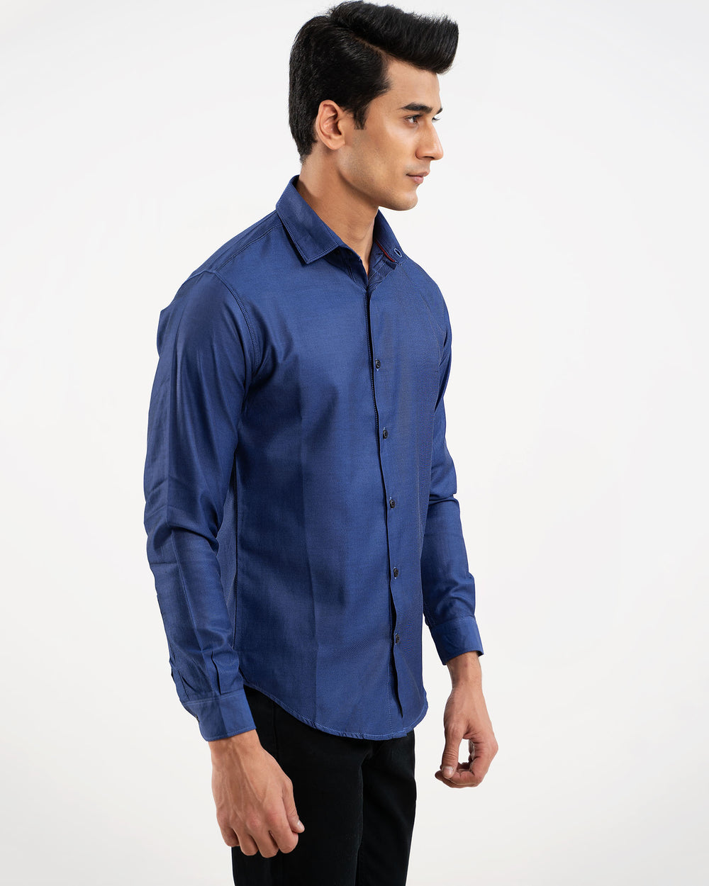 Royal blue 100% cotton casual shirt for men — adjustable cuffs, relaxed fit — ADAM Clothing Pakistan side pose